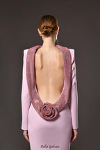 violet Pink crêpe maxi dress with crystal chainmail flower