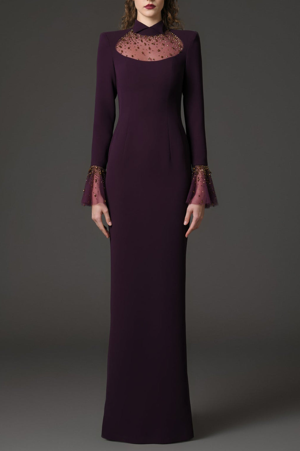 Flowering Girl Women ophelia rhinestone Embroidered burgundy crêpe dress with bell sleeves‭