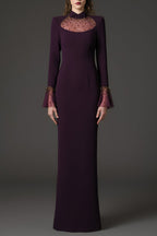 Flowering Girl Women ophelia rhinestone Embroidered burgundy crêpe dress with bell sleeves‭