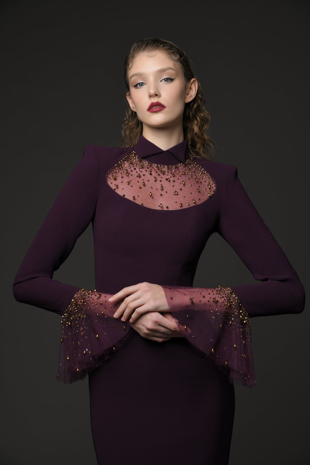 Flowering Girl Women ophelia rhinestone Embroidered burgundy crêpe dress with bell sleeves‭