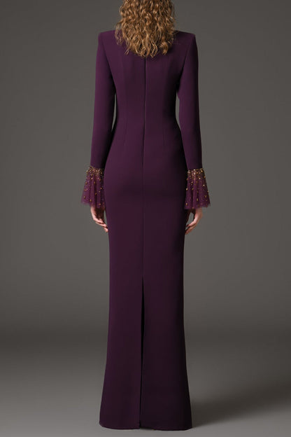 ophelia rhinestone Embroidered burgundy crêpe dress with bell sleeves‭
