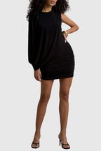 Flowering Girl Women zenobia Asymmetric Shawl One Shoulder Ruched Mini Dress in Black