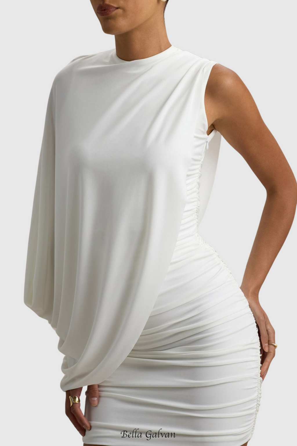 Flowering Girl Women zenobia Asymmetric Shawl One Shoulder Ruched Mini Dress in White