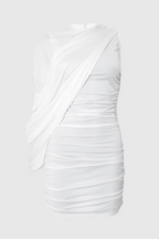 Flowering Girl Women zenobia Asymmetric Shawl One Shoulder Ruched Mini Dress in White