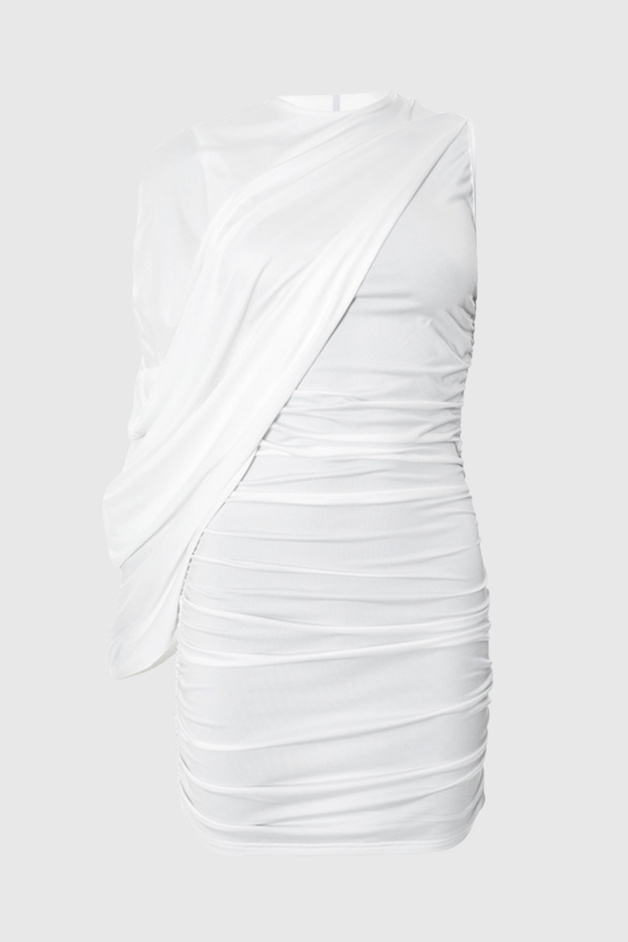 Flowering Girl Women zenobia Asymmetric Shawl One Shoulder Ruched Mini Dress in White