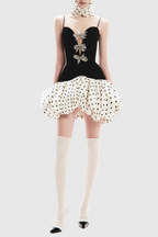 Flowering Girl Women Bow Embellished Puff Dot Mini Dress