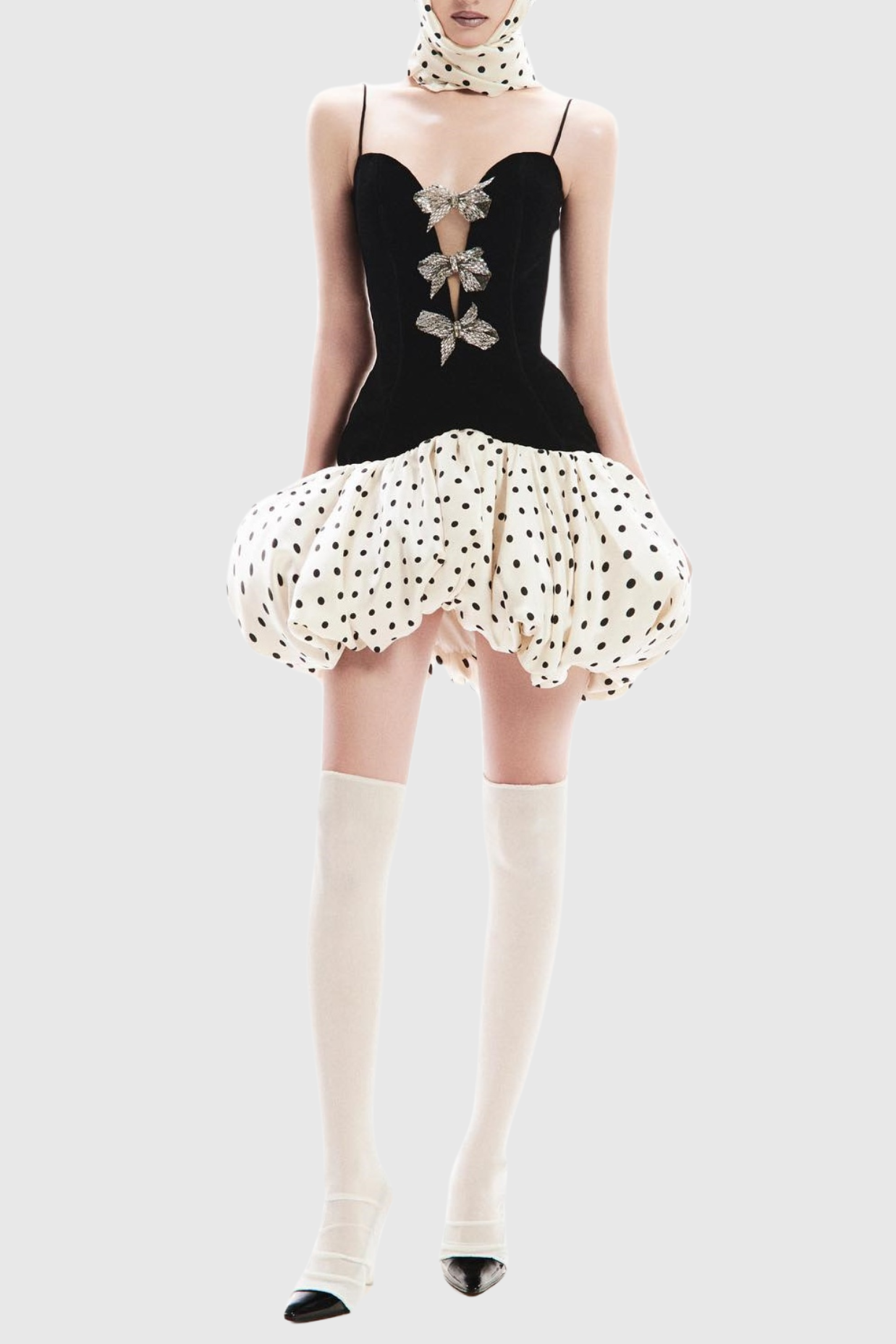 Flowering Girl Women Bow Embellished Puff Dot Mini Dress