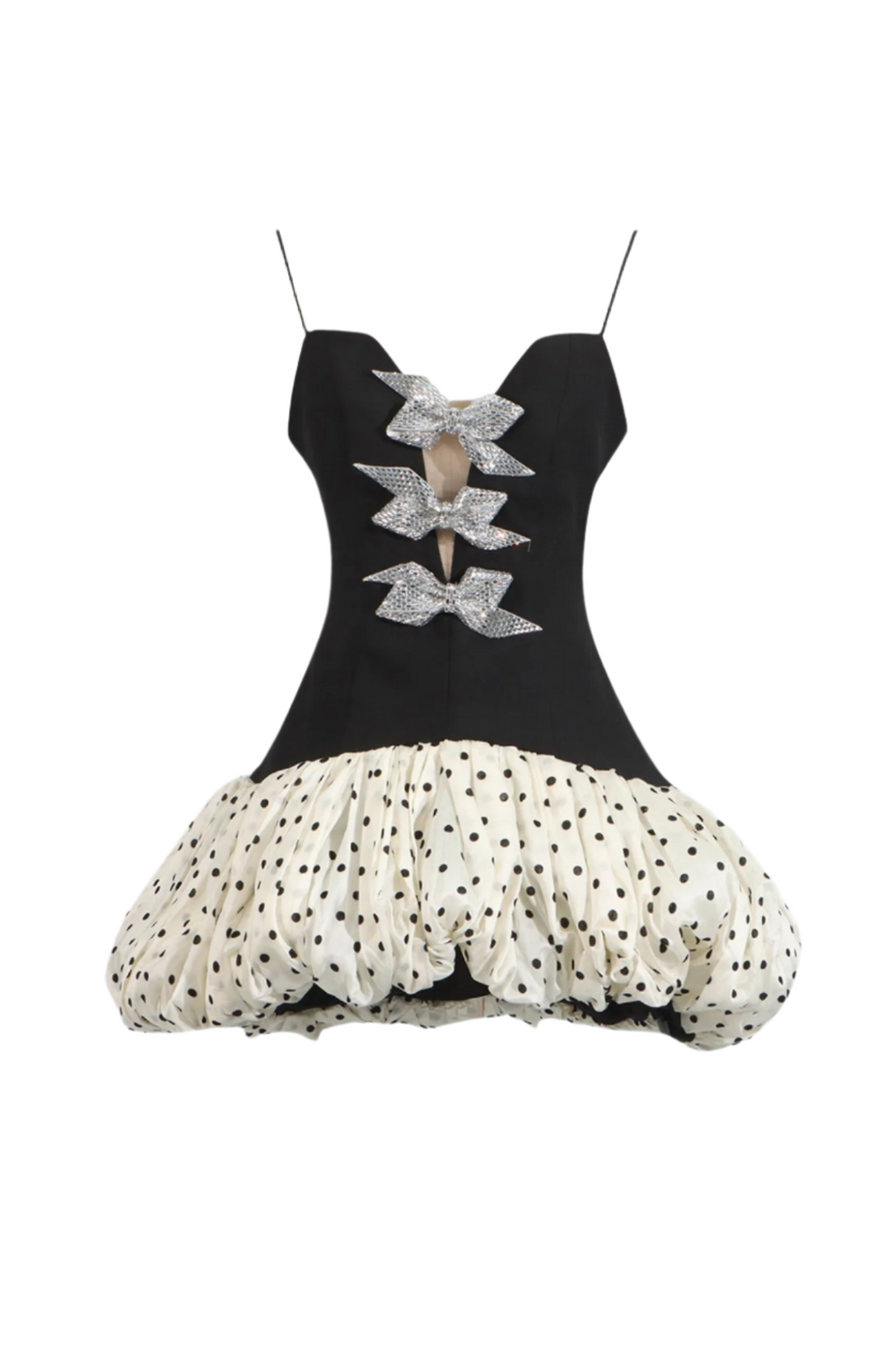 Flowering Girl Women Bow Embellished Puff Dot Mini Dress