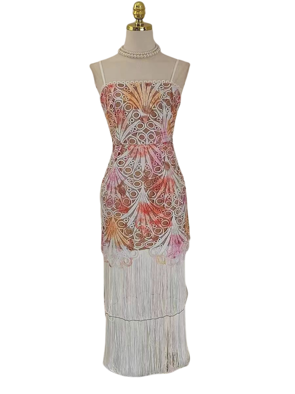 Flowering Girl Women MULTICOLOR EMBROIDERED HOLLOW FRINGE MIDI DRESS