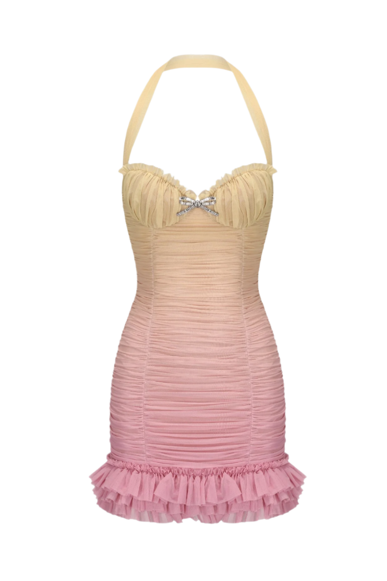 Flowering Girl Women Halter Mesh Gradient Rushed Mini Dress - Yellow