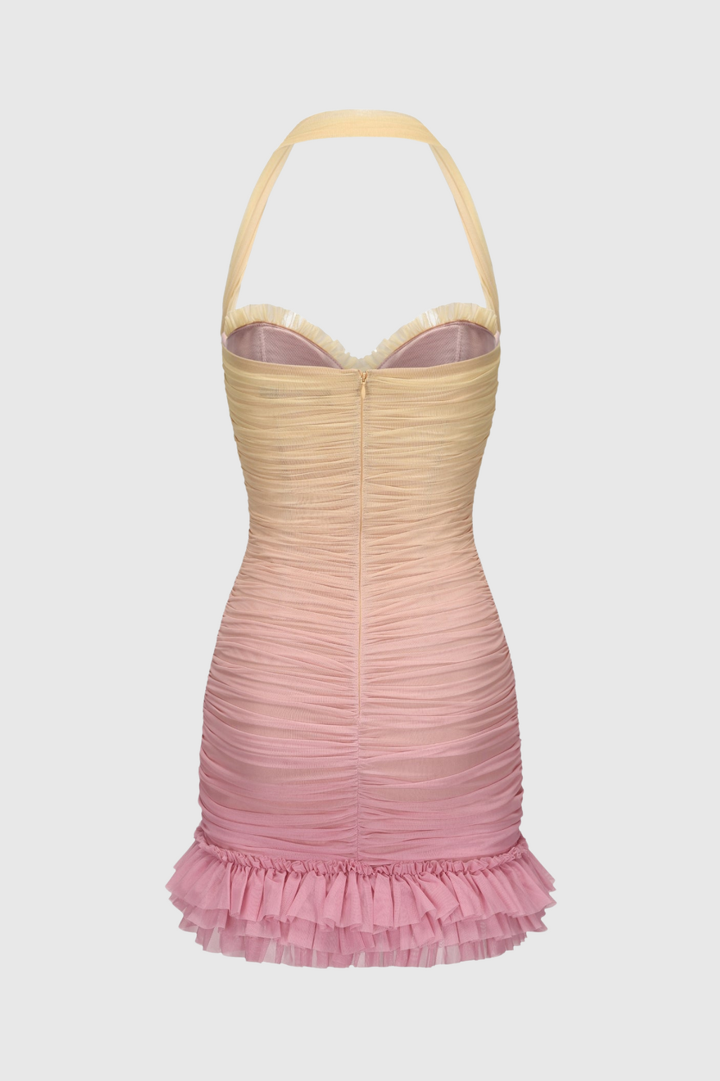Flowering Girl Women Halter Mesh Gradient Rushed Mini Dress - Yellow