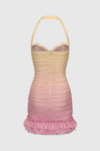 Flowering Girl Women Halter Mesh Gradient Rushed Mini Dress - Yellow