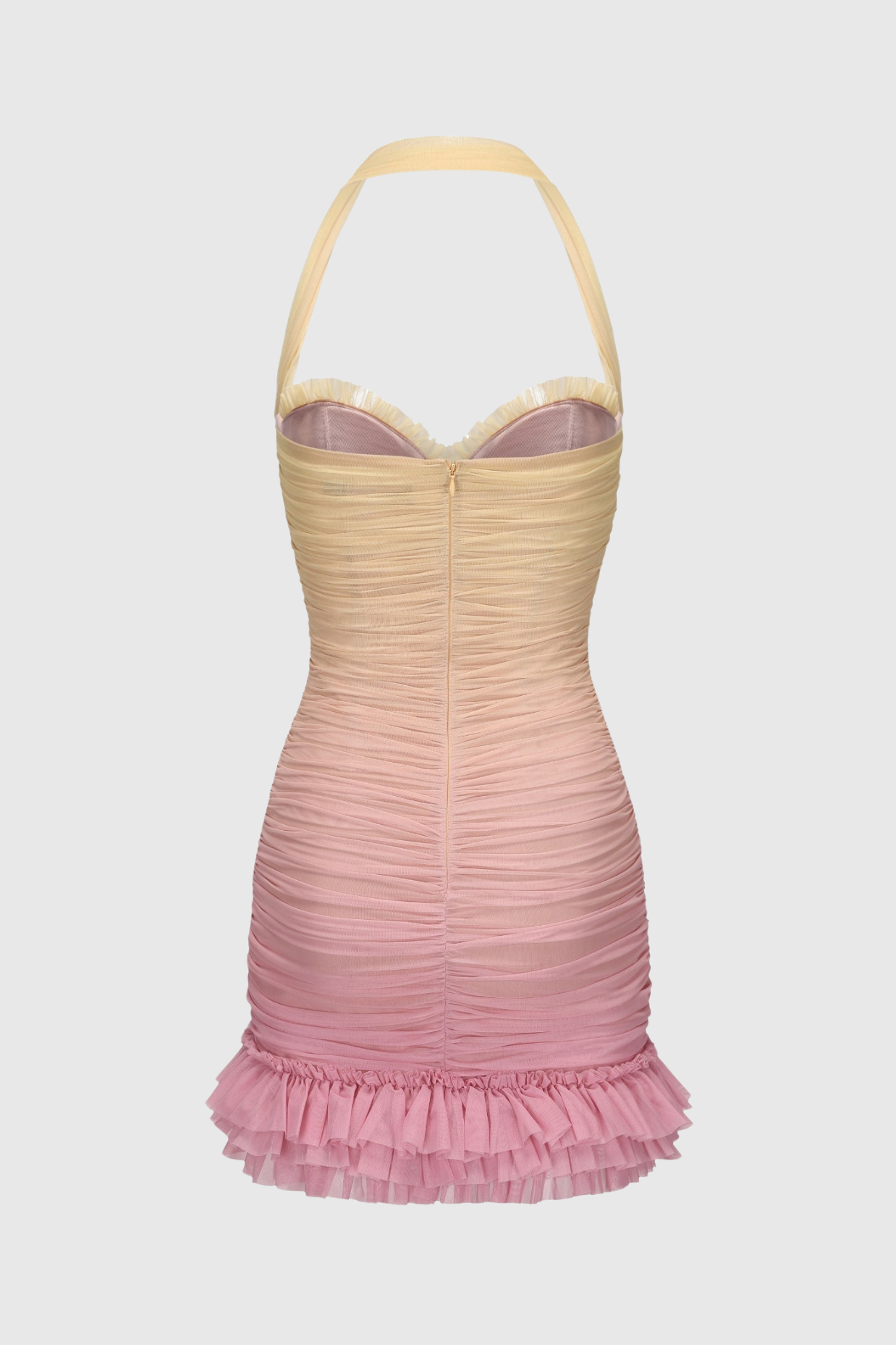 Flowering Girl Women Halter Mesh Gradient Rushed Mini Dress - Yellow
