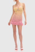 Flowering Girl Women Halter Mesh Gradient Rushed Mini Dress - Yellow