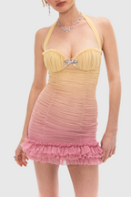 Flowering Girl Women Halter Mesh Gradient Rushed Mini Dress - Yellow