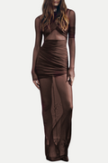 Flowering Girl Women Jolleen Ruched Mesh Maxi Dress - Brown