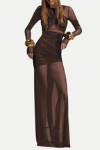 Flowering Girl Women Jolleen Ruched Mesh Maxi Dress - Brown