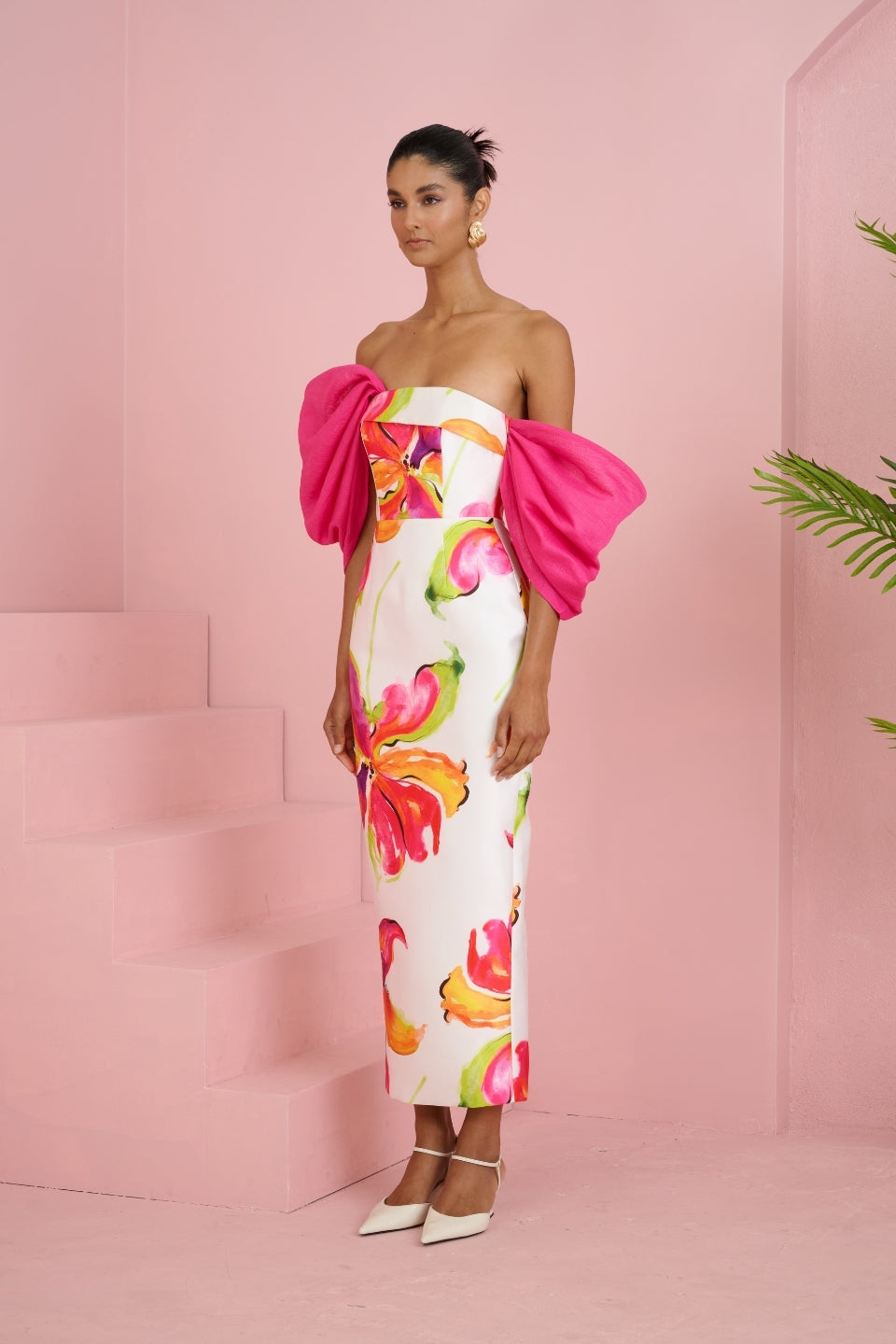 sylvia floral print strapless maxi dress in white