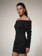 Flowering Girl Women victoria off-shoulder satin bodycon mini dress in black