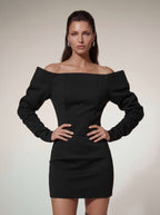 Flowering Girl Women victoria off-shoulder satin bodycon mini dress in black