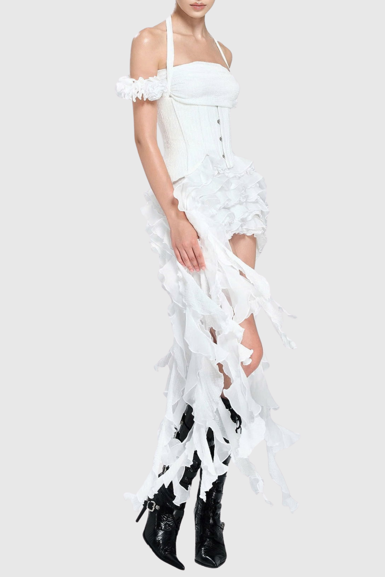 Flowering Girl Women Elva Halter Three-Dimensional Flower Irregular Tassel Mini Dress In White