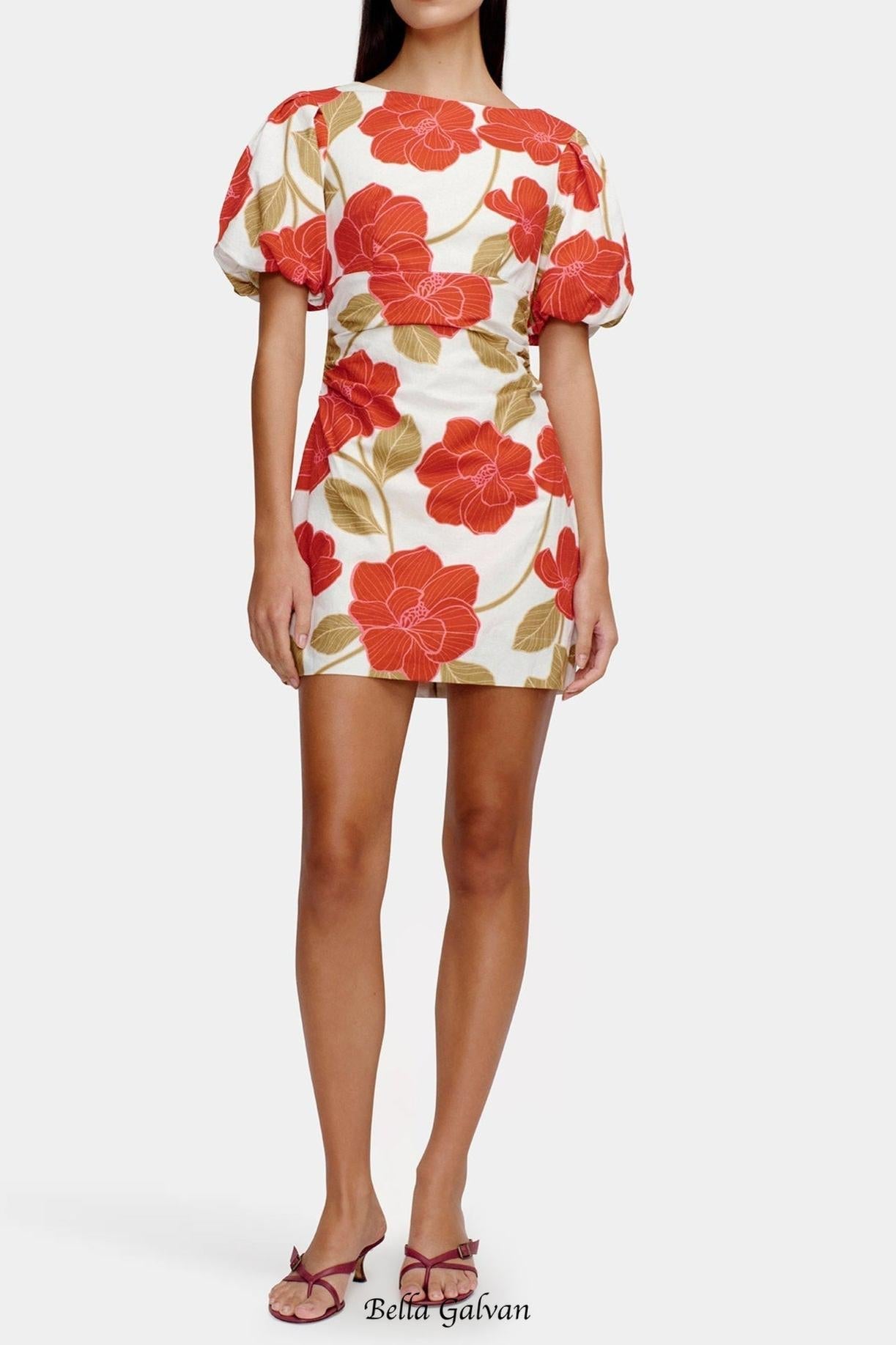 multicolor Printed puff-sleeve crinkled linen mini dress