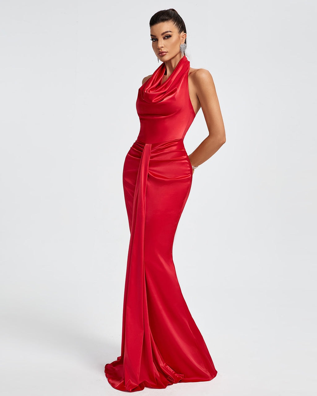 Flowering Girl Women HALTER DRAPED SATIN MERMAID MAXI DRESS IN RED