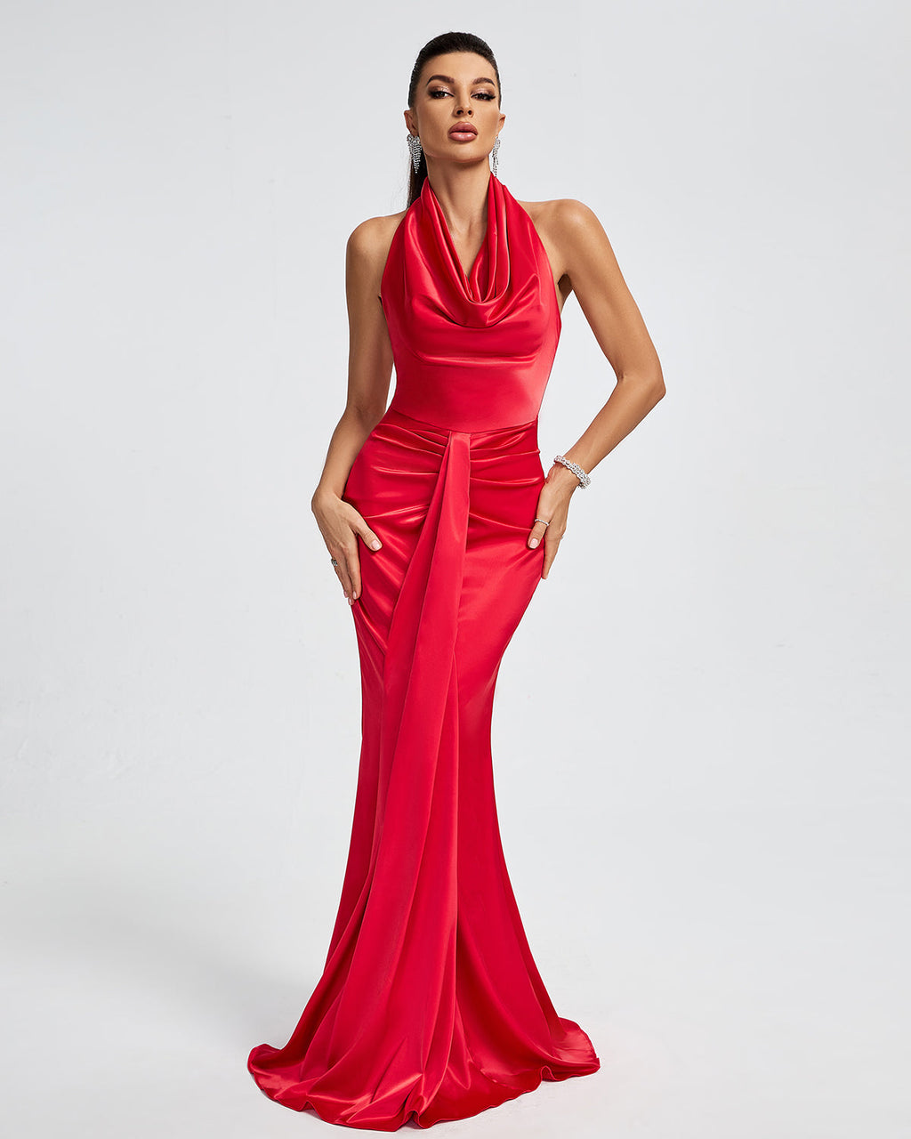 Flowering Girl Women HALTER DRAPED SATIN MERMAID MAXI DRESS IN RED