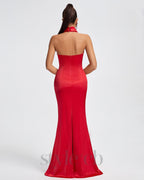 Flowering Girl Women HALTER DRAPED SATIN MERMAID MAXI DRESS IN RED