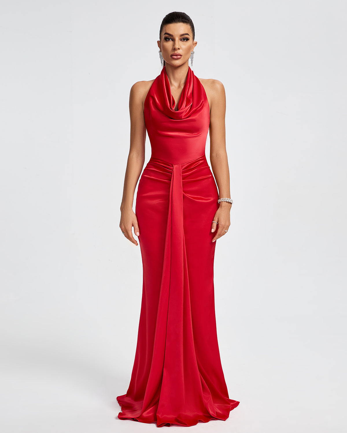 Flowering Girl Women HALTER DRAPED SATIN MERMAID MAXI DRESS IN RED