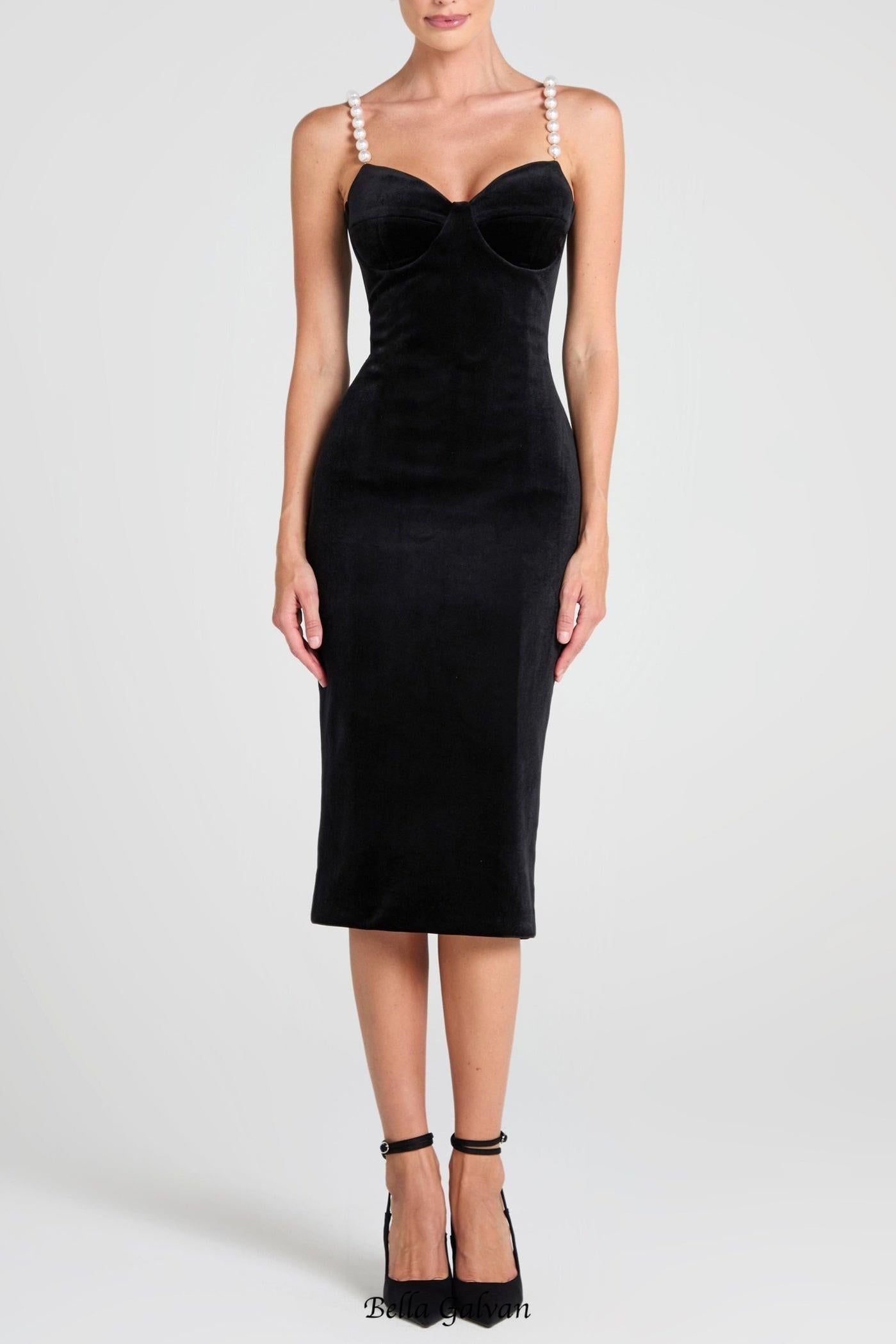 Velvet Pearl Embellished Midi Dress