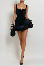 renata square neck flower velvet mini dress in black
