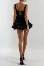 renata square neck flower velvet mini dress in black