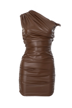 Flowering Girl Women Kadwyn Ruched Asymmetric Faux Leather Mini Dress in Brown