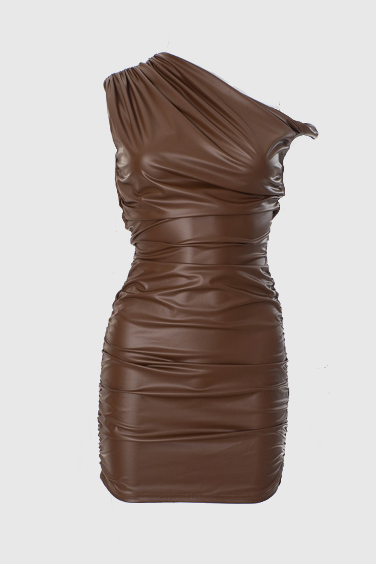 Flowering Girl Women Kadwyn Ruched Asymmetric Faux Leather Mini Dress - Brown