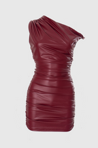 Flowering Girl Women Kadwyn Ruched Asymmetric Faux Leather Mini Dress - Red