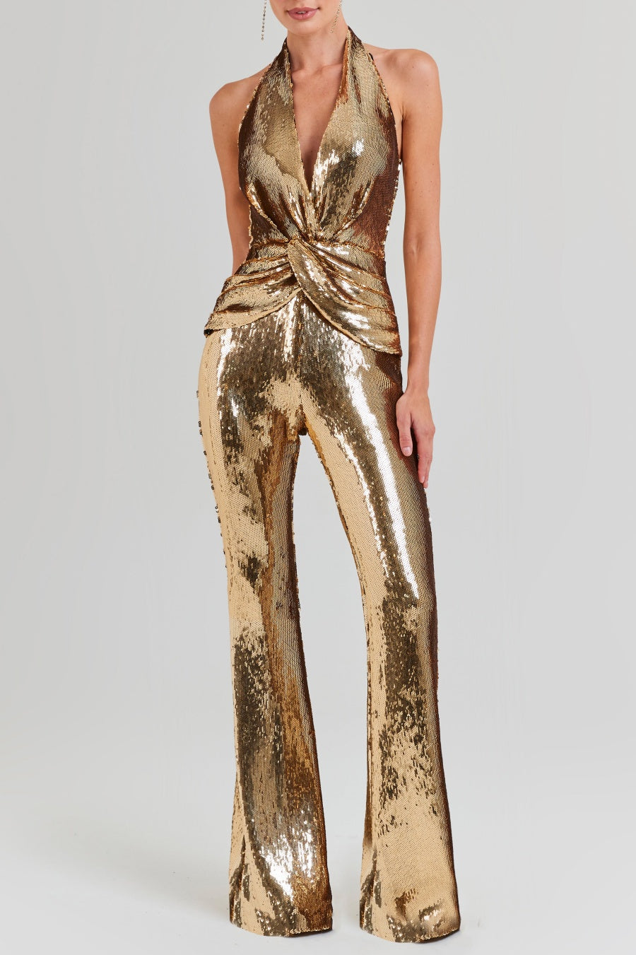 Flowering Girl Women Nora Gold Sequin Halterneck Deep V High Waist Flared Jumpsuit