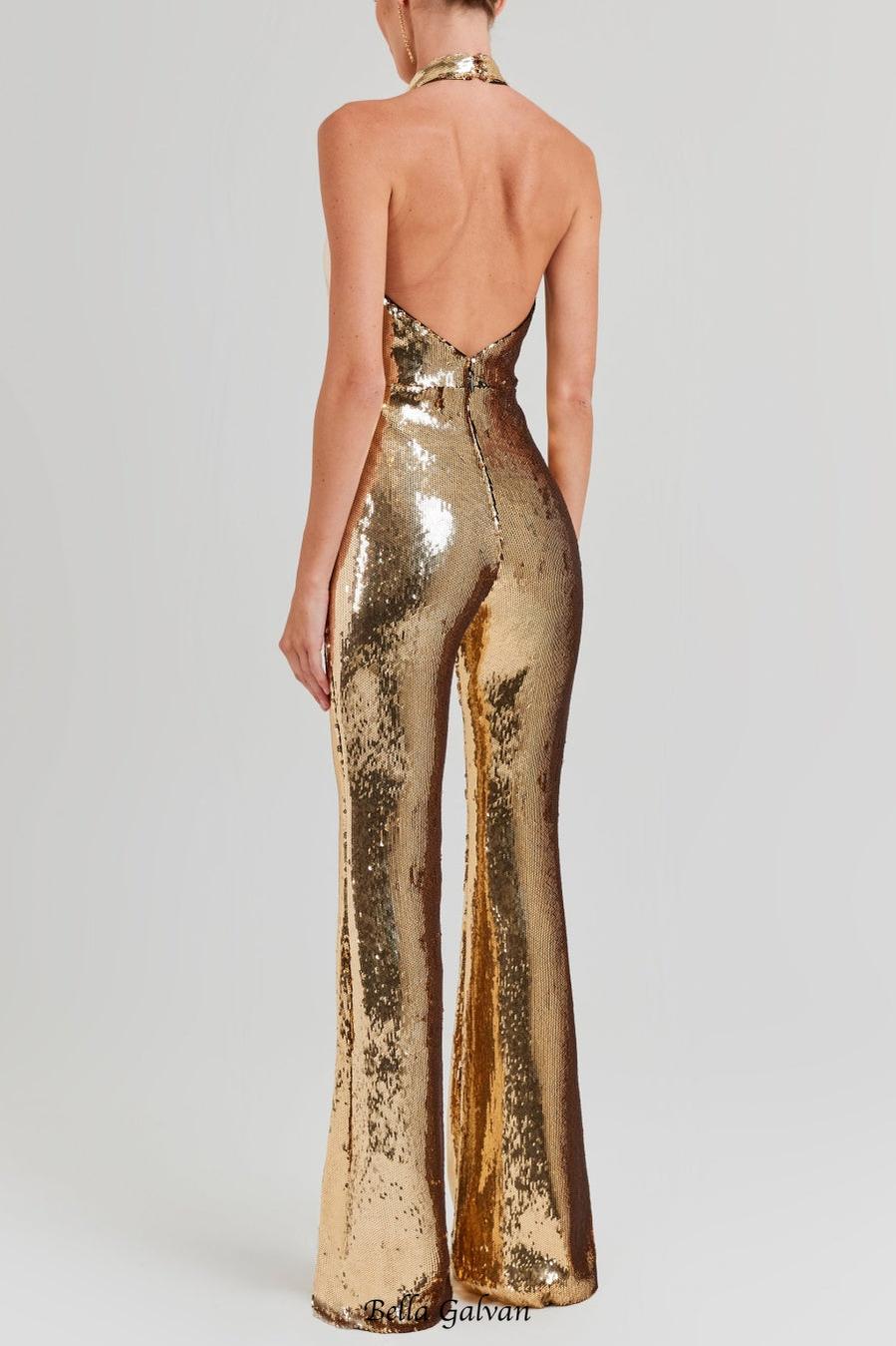 nora gold Sequin halterneck deep V high waist flared jumpsuit