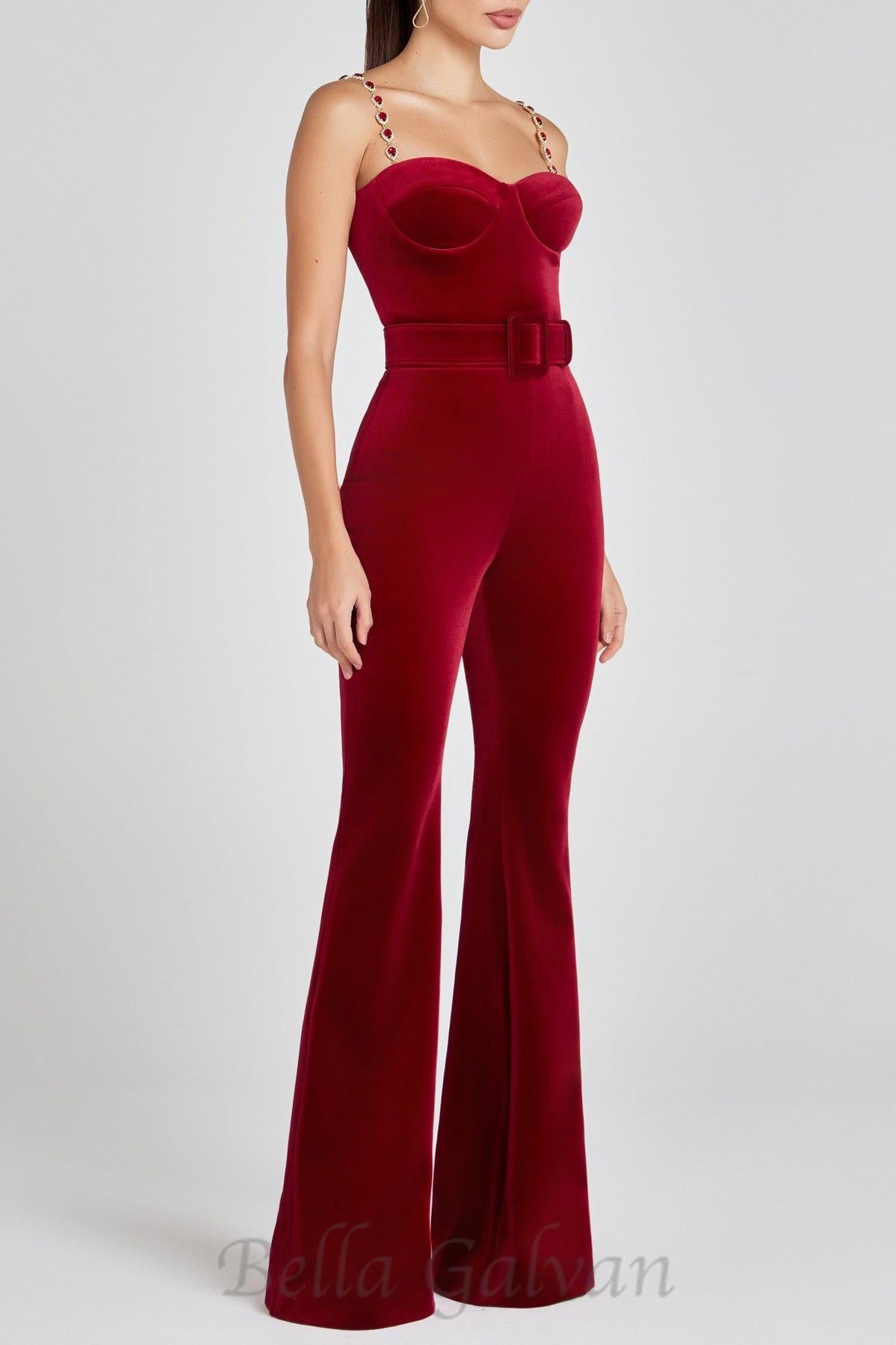 Flowering Girl Women Kalene Diamante Chain Velvet Jumpsuit