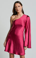Flowering Girl Women One Shoulder Long Sleeve Dress In Berry
