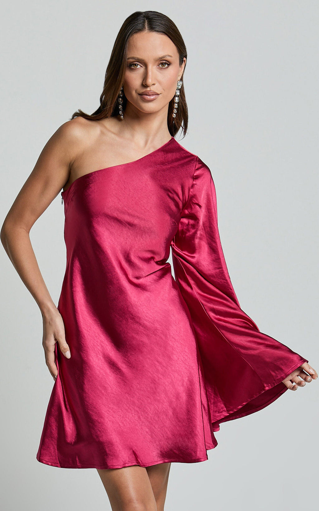 Flowering Girl Women One Shoulder Long Sleeve Dress In Berry