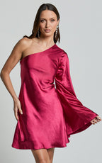 Flowering Girl Women One Shoulder Long Sleeve Dress In Berry