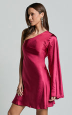 Flowering Girl Women One Shoulder Long Sleeve Dress In Berry