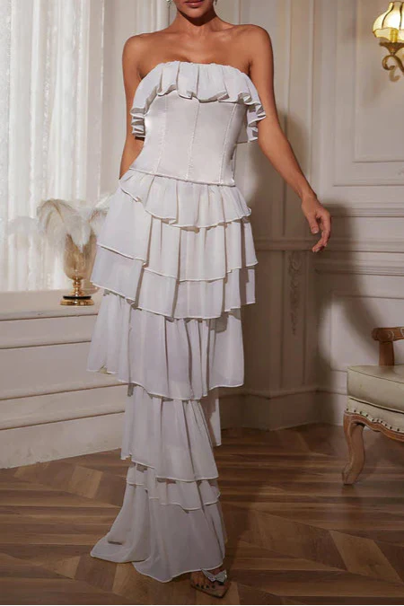 Flowering Girl Women Strapless Ruched Mesh Maxi Dress In White