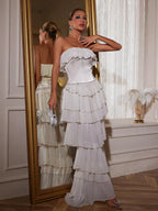 Flowering Girl Women Strapless Ruched Mesh Maxi Dress In White