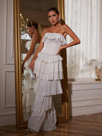 Flowering Girl Women Strapless Ruched Mesh Maxi Dress In White