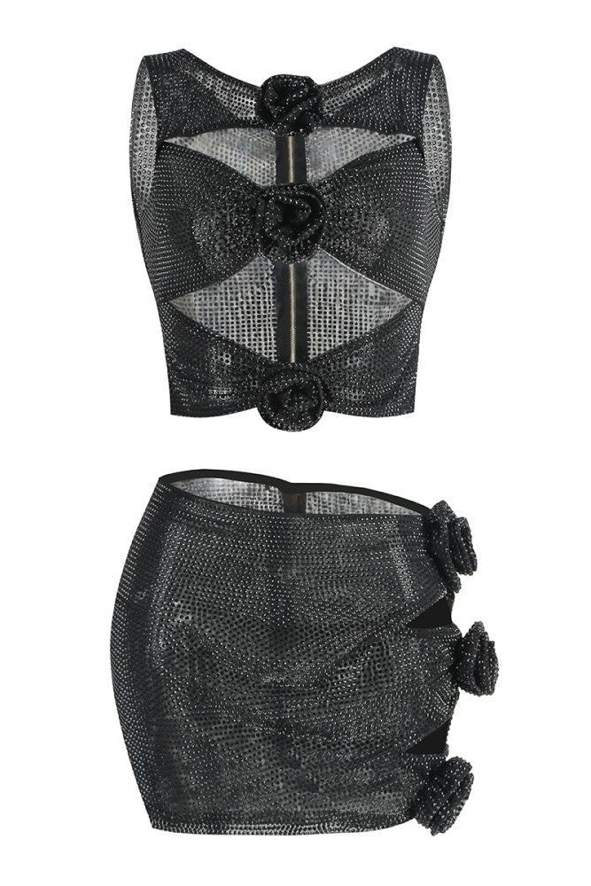 Flowering Girl Women Khloe Crystal Flower Two Piece Set - Black