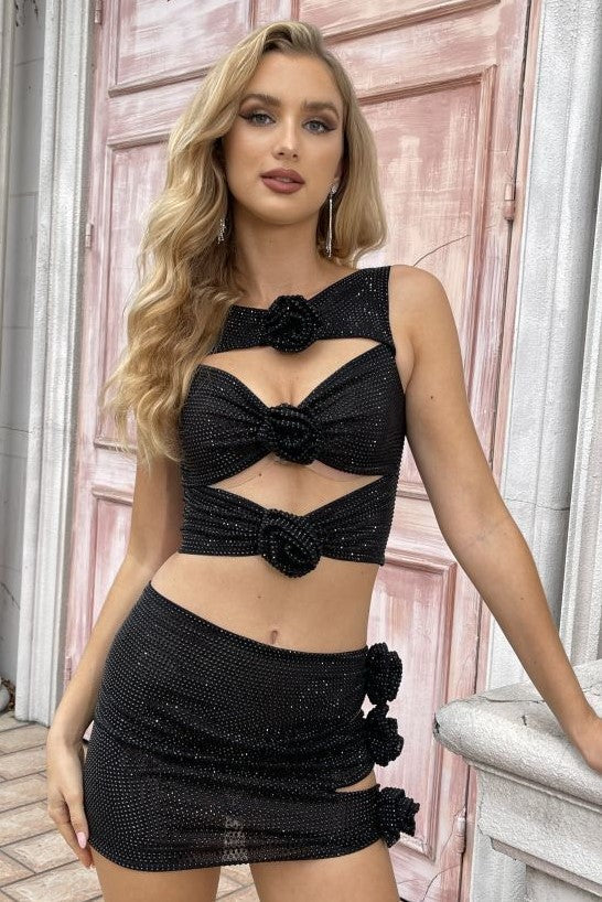 Flowering Girl Women Khloe Crystal Flower Two Piece Set - Black