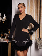 Flowering Girl Women Long Sleeve Bow Crystal Feather Dress