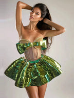 Flowering Girl Women Kretska Crystal Metallic Skirt Set In Green